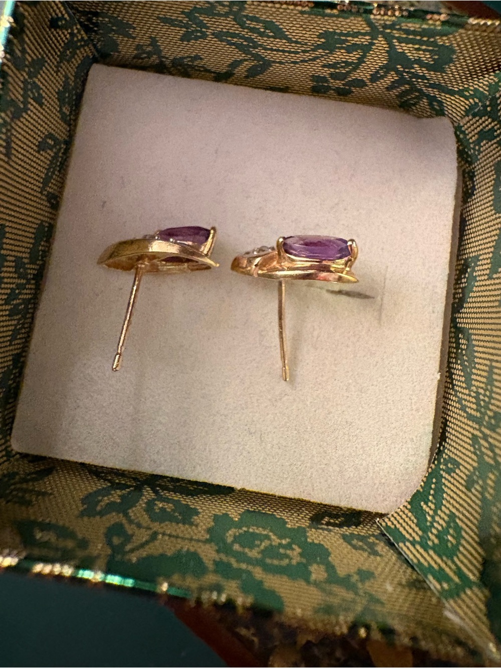 10k Gold Marquise Amethyst Stud Earrings with Diamond Accents - Picture 3 of 4